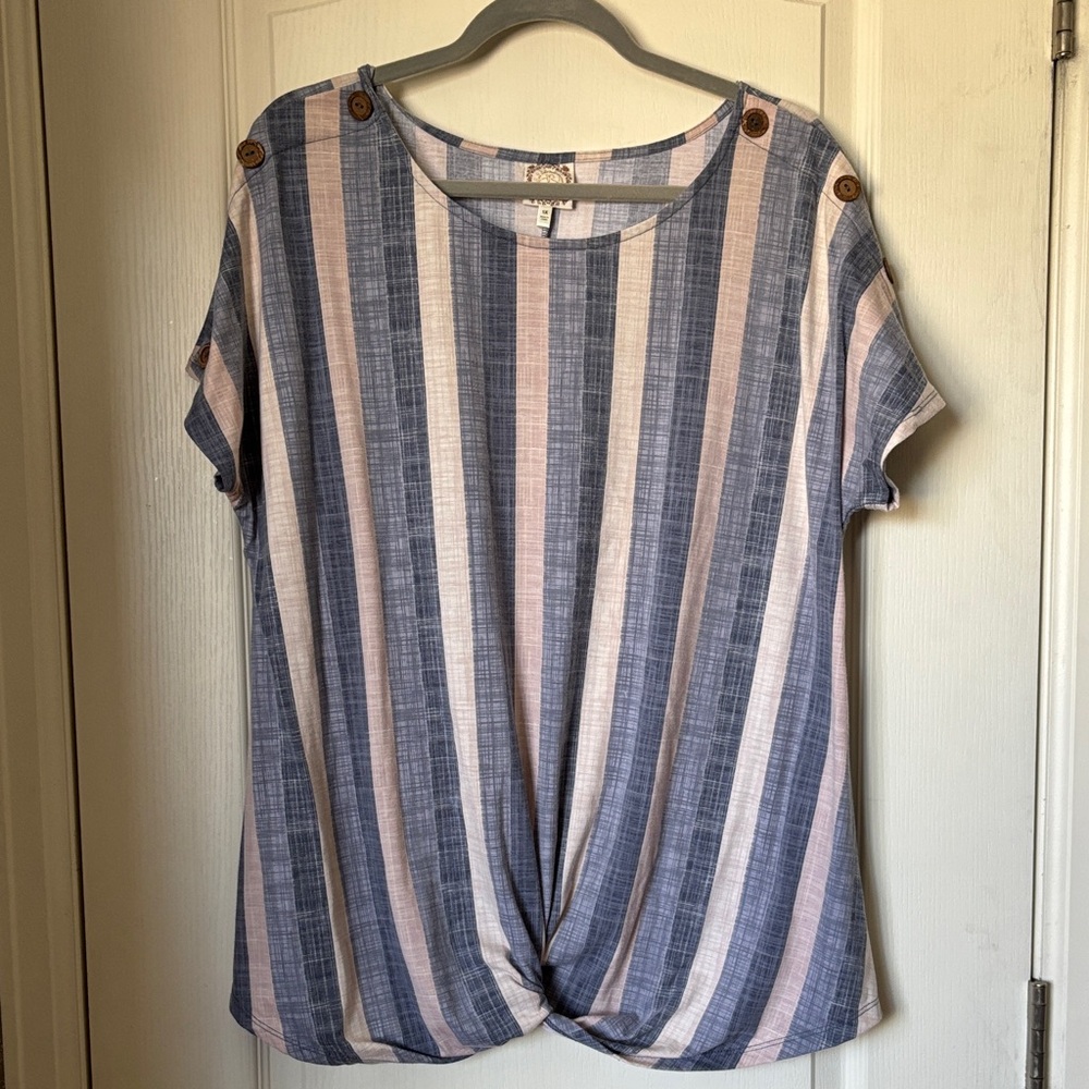 Striped Short-Sleeve Twist-Front Tee in Blue & Cream